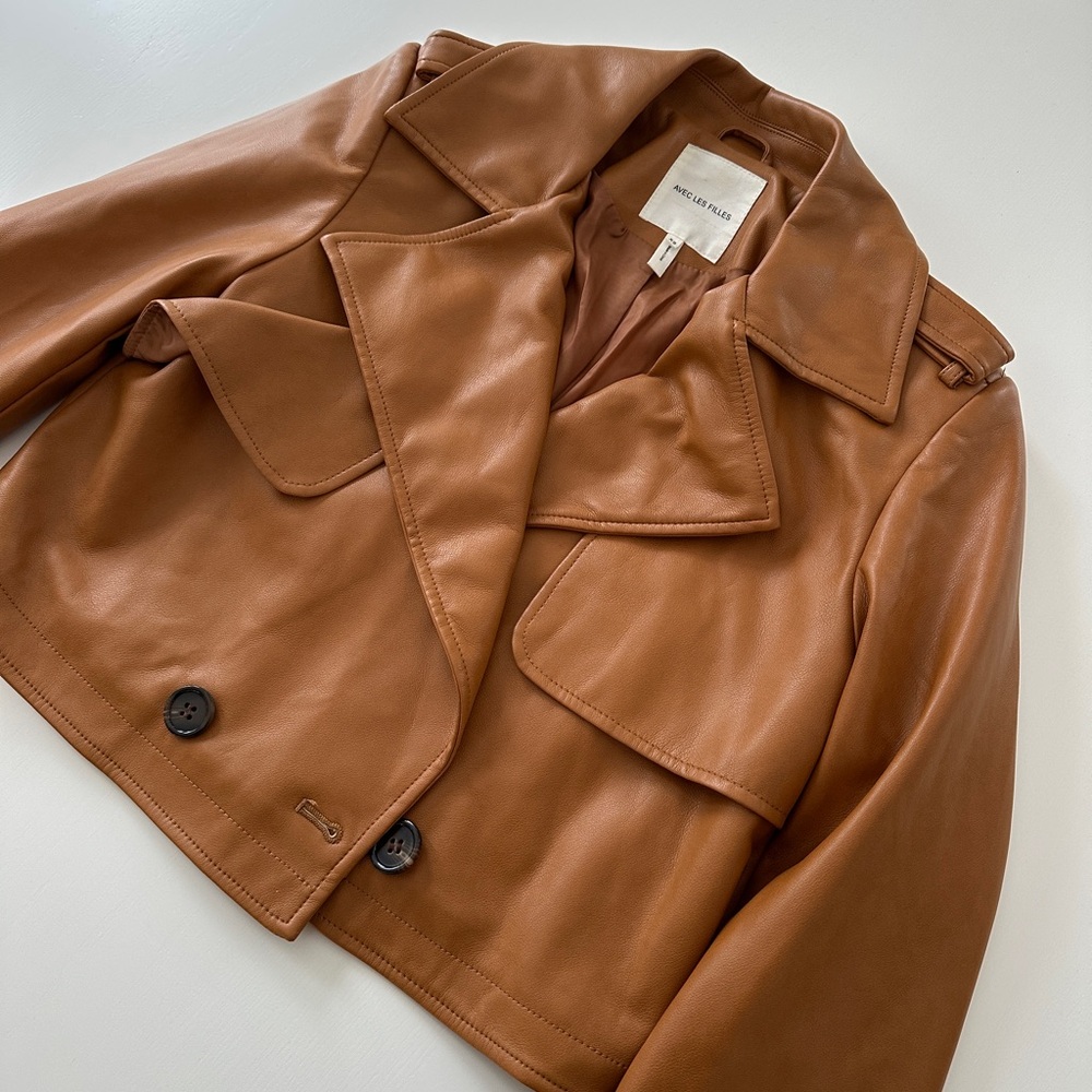 Avec Les Filles Faux Leather Camel Cropped Jacket with Buttons